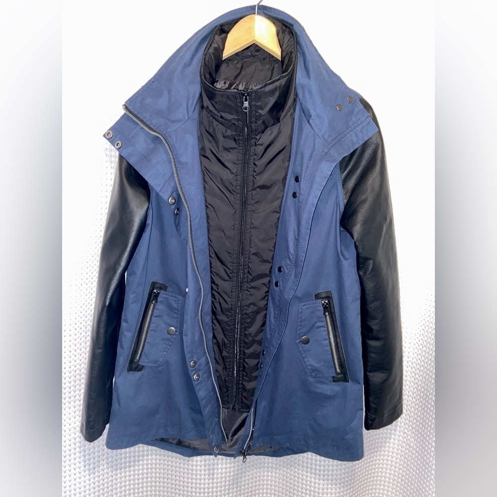 Women’s Erika‎ cotton Navy blue faux black leather bib front Jacket size medium
